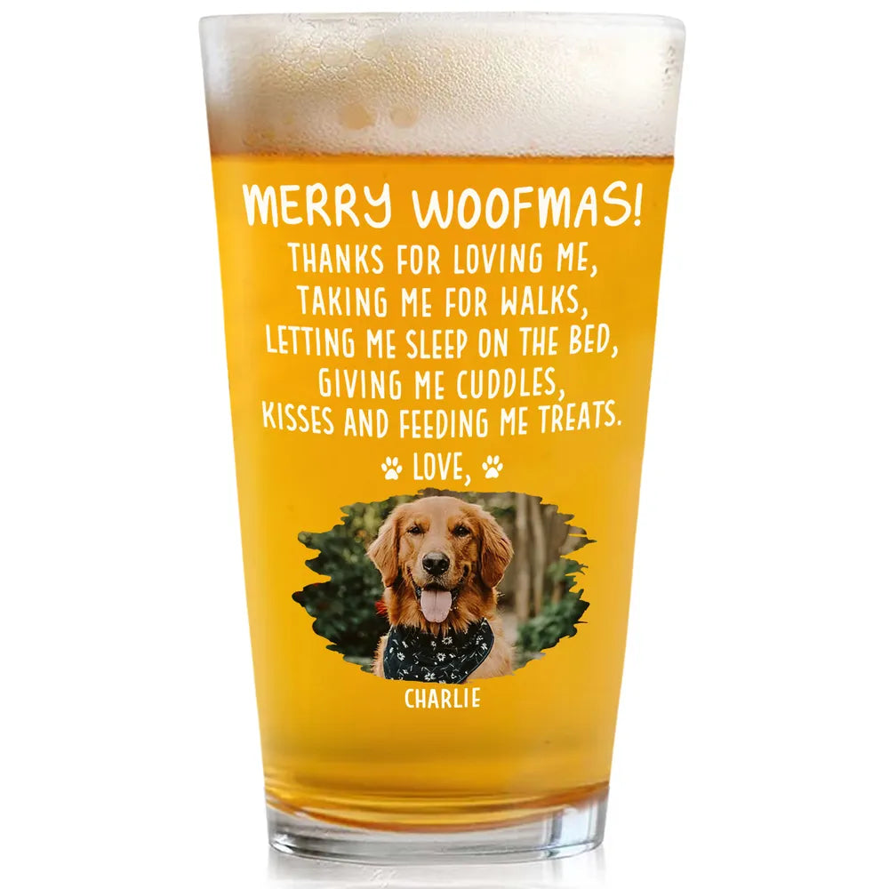 Merry Woofmas Beer Glass with cute dog print, fun holiday gift for dog owners and pet lovers