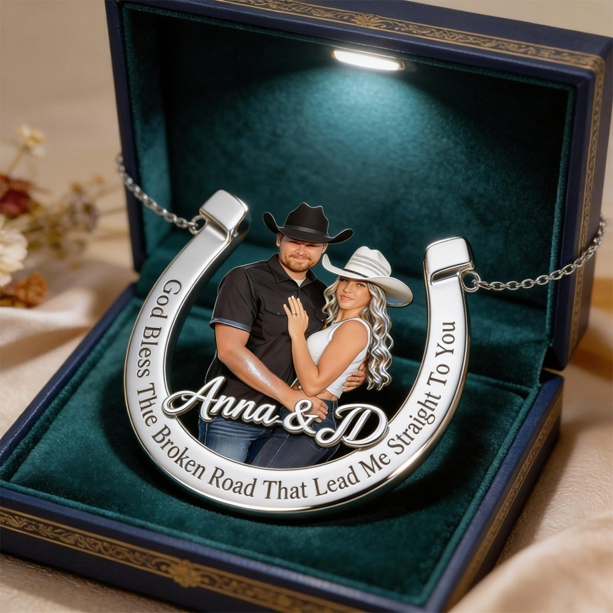 God Bless The Broken Road - Personalized Western Outfit Shaped Metal Pendant Necklace