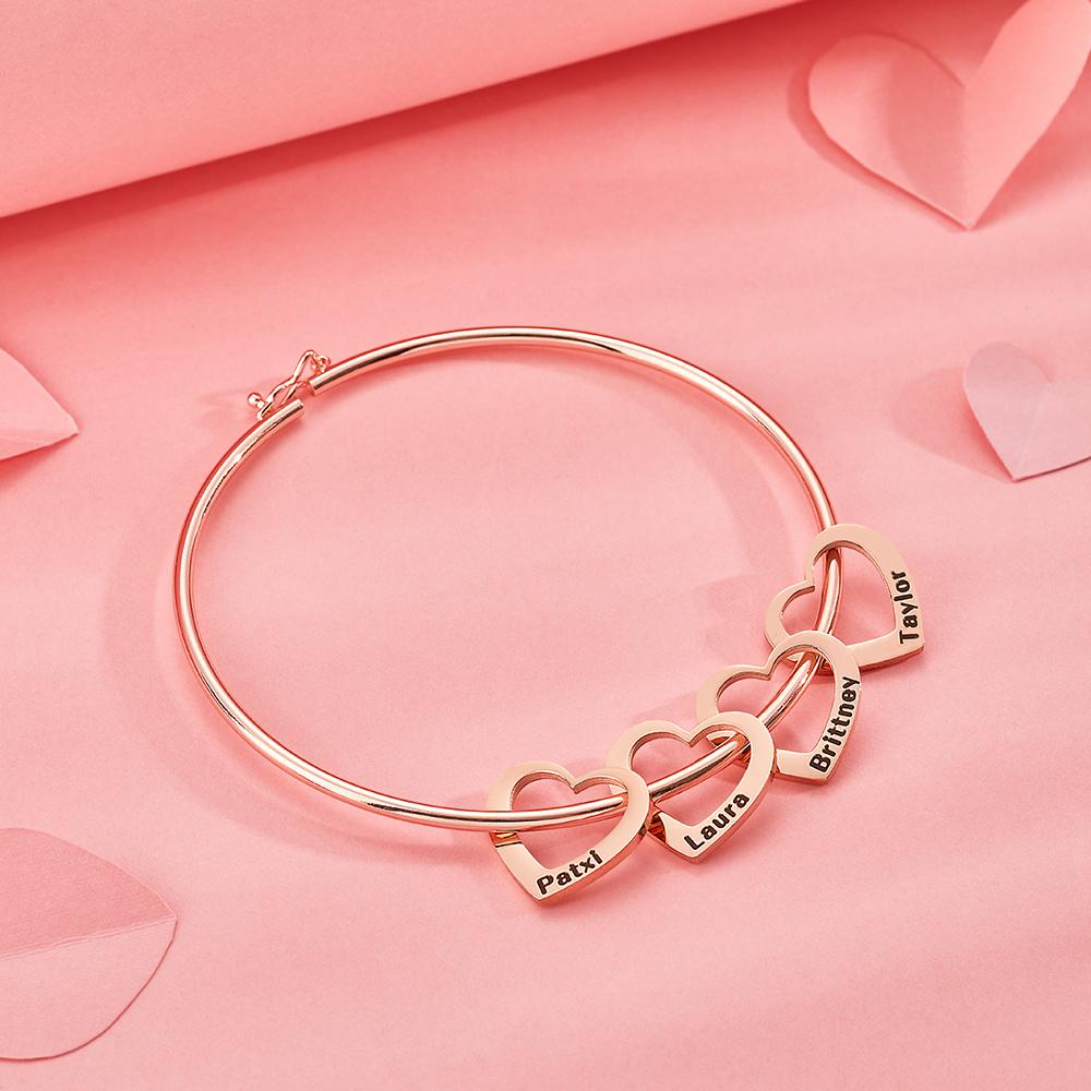 Any Name - Personalized Family Bangle Bracelet with Heart/Round Pendants