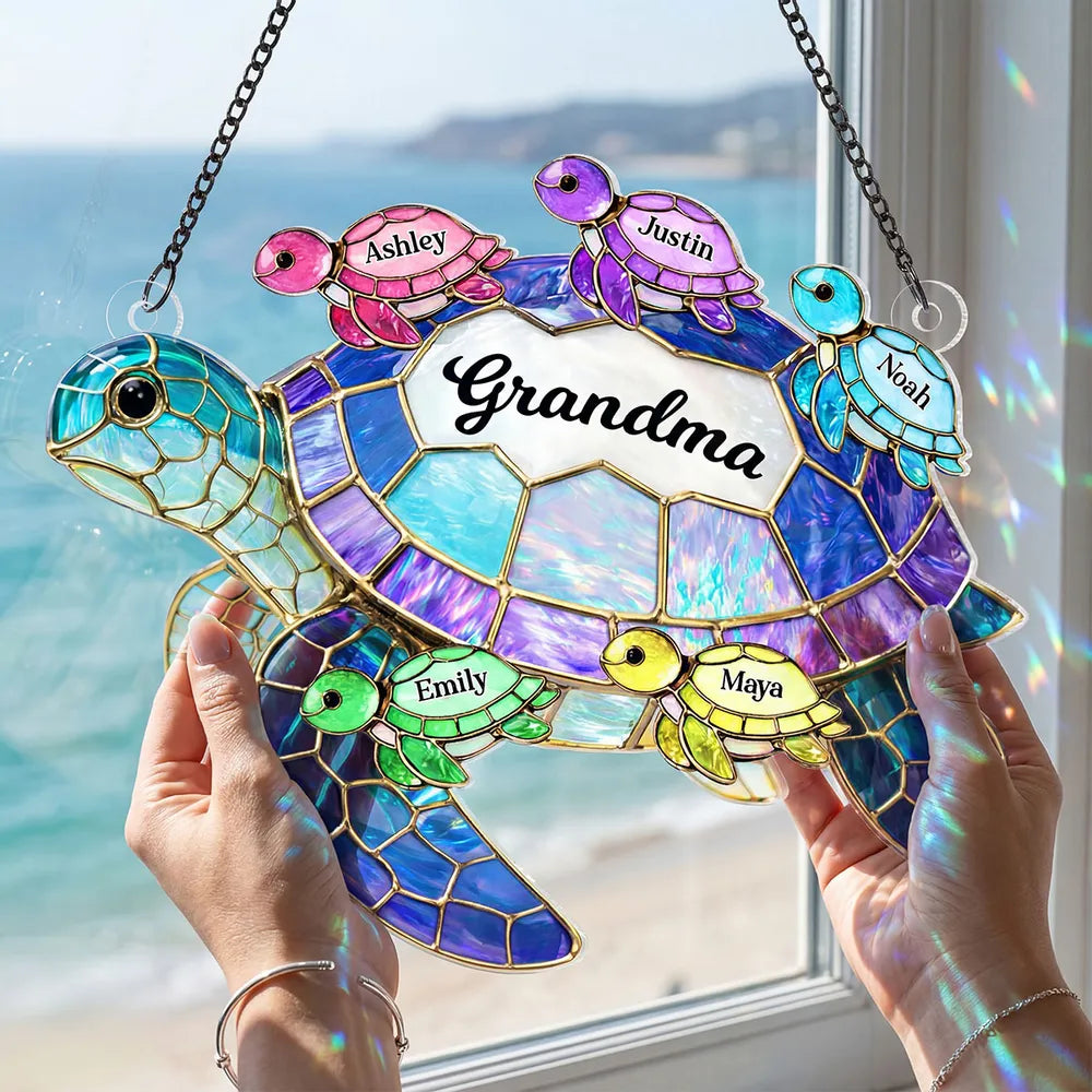 Personalized Sea Turtle Grandma Acrylic Suncatcher Ornament, Colorful Sunlight Reflection Window Decor, Unique Gift for Grandma