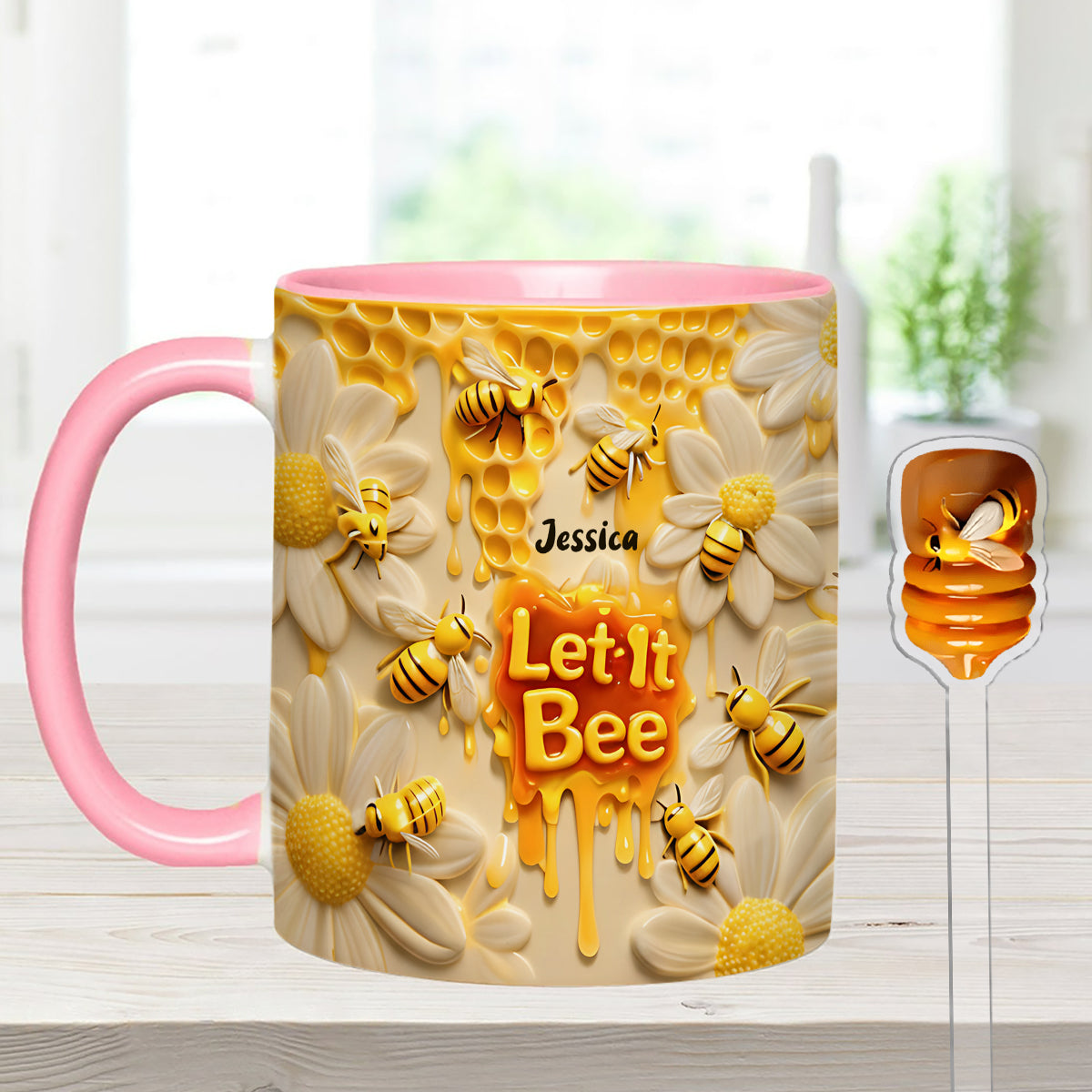 Let It Bee, Bee Flowers - Personalized Bee Set Accent Mug with Acrylic Stirrers