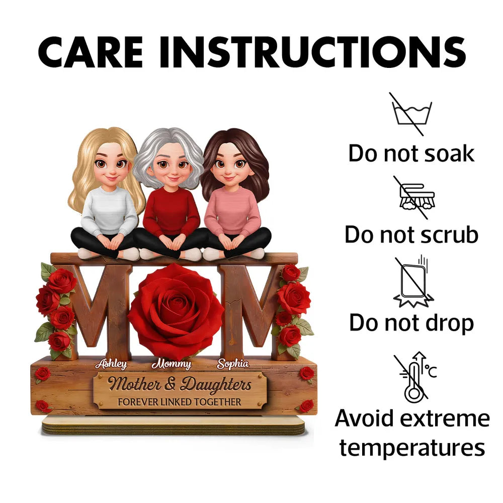 Personalized 2-Layer Wooden Plaque Mom & Daughters Roses Living Room Decor, Unique Gift for Mom