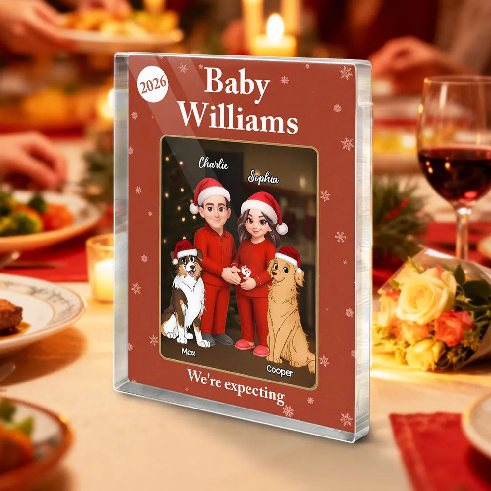 Acrylic Block Plaque Expecting Couple With Dogs, Christmas Santa Hats, Cute Cartoon, a Unique Gift for New Parents