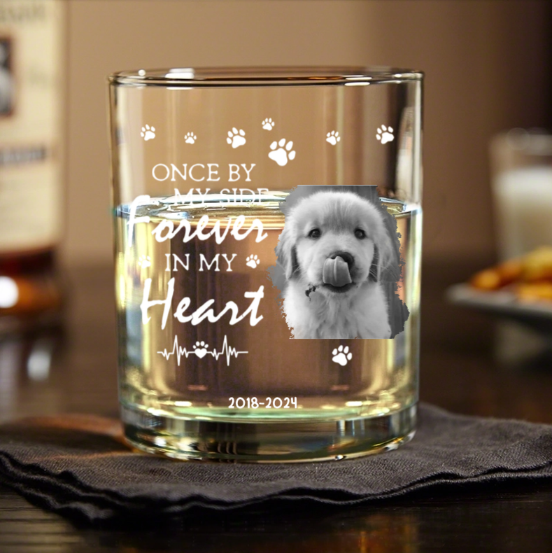 Personalized Pet Memorial Whiskey Glsses, "Forever in My Heart" Custom Keepsake with Photo and Name