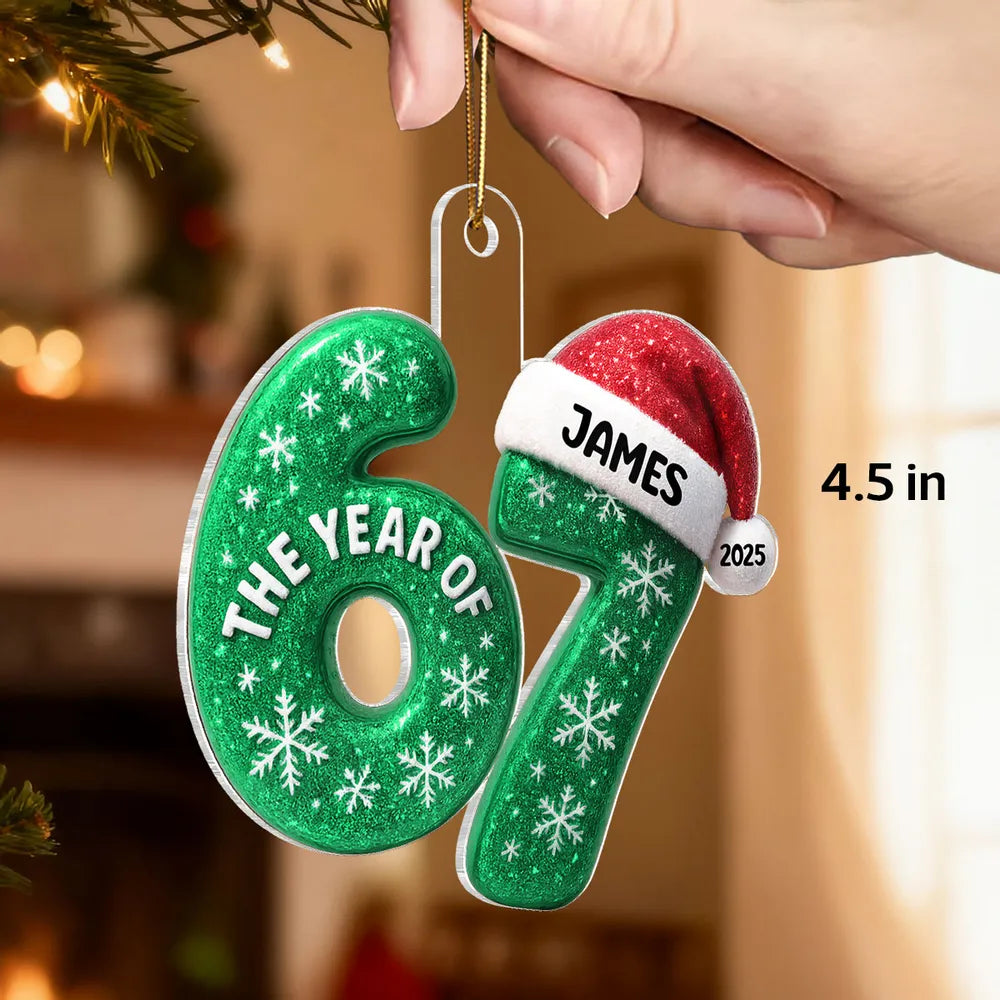 Personalized Acrylic Ornament 67 with Santa Hat Design, Custom Christmas Tree Decor, Festive Keepsake and Unique Holiday Gift