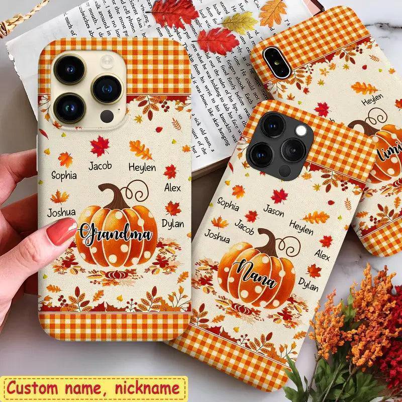 Personalized Fall Pumpkin Case for Grandma | Custom Phone Case with Kids' Names | Festive Autumn Gift for Mom