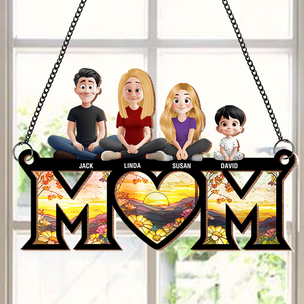Personalized Wood and Acrylic Layered Ornament – Custom 'MOM' Hanging Ornament with Names of Children – Unique Gift for Mother’s Day, Birthdays, or Special Occasions