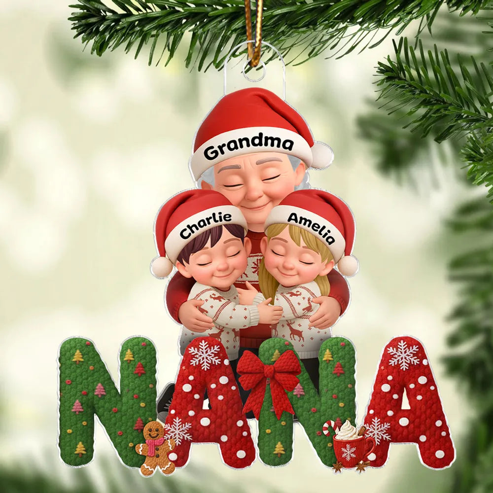 Grandma & Grandkids Acrylic Ornament, Santa Hats Hugging Design, Christmas Tree Decor, a unique gift for Grandma
