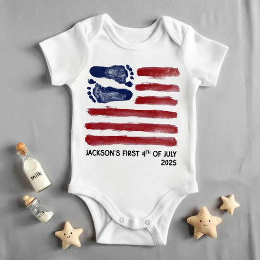 Short Sleeve Baby Onesie with Baby Footprints American Flag - Personalized Keepsake Outfit, Sweet Gift for New Parents