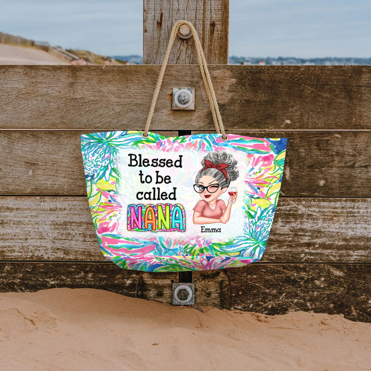 Grandma Nana Gigi Scribble Doodle Grandkid - Personalized Grandma Beach Bag