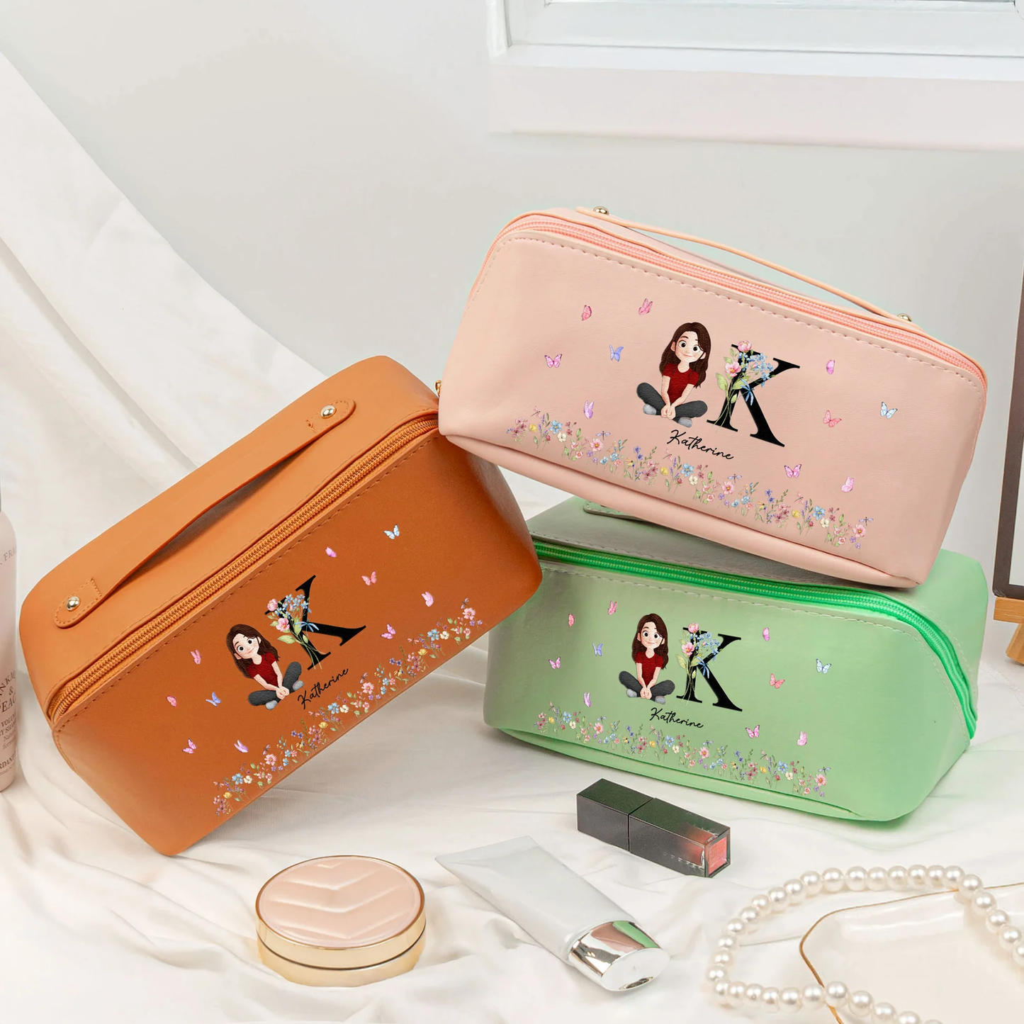 Personalized Leather Makeup Bag with Initial & Cartoon Girl, Spacious Travel Makeup Organizer, Cute Unique Gift for Her