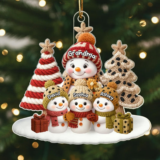 Acrylic Ornament Snowman Grandma & Grandkids, Embroidered-Effect Christmas Tree Decor, Unique Gift for Grandma