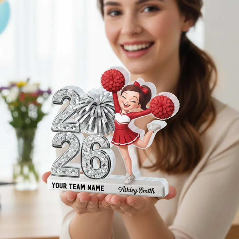 Shaped Acrylic Block Plaque With Cheerleader and Pom Poms Desk Decor, A Sweet Personalized Keepsake Gift