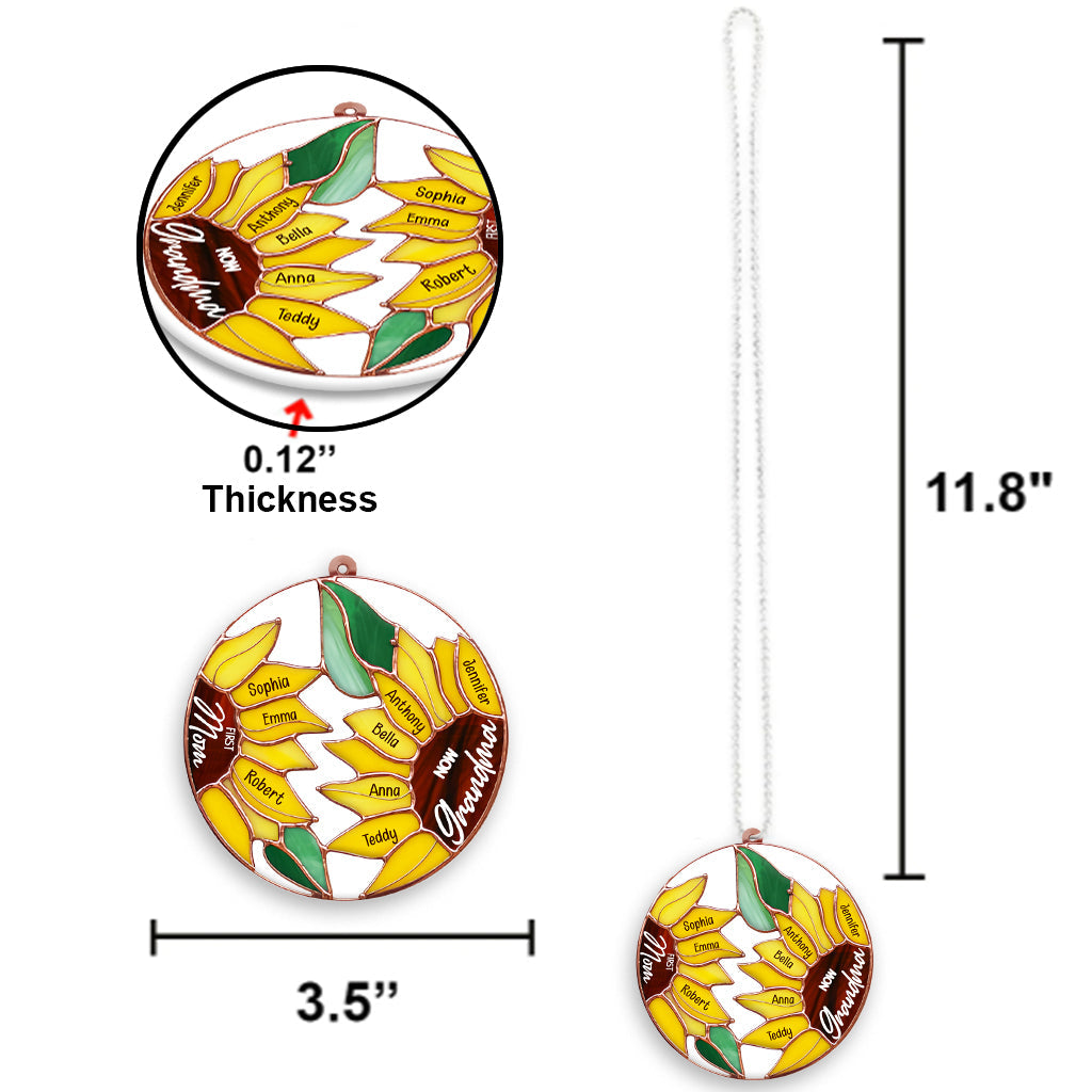 First Mom Now Grandma Sunflower - Personalized Grandma Transparent Car Ornament