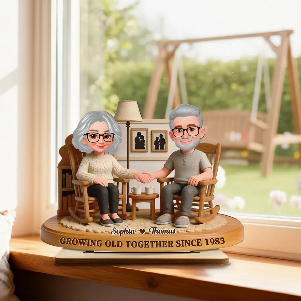 Personalized 2-Layer Wooden Plaque Elderly Couple Holding Hands in Cozy Living Room, Unique Anniversary Gift for Him or Her