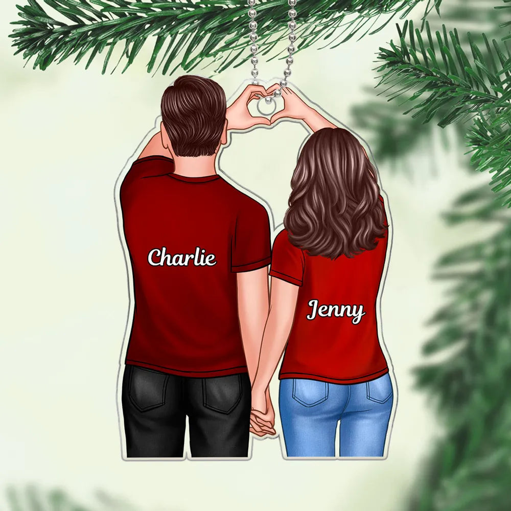 Couple Ornament with Back View and Heart Gesture, Romantic Hand-in-Hand Design, Perfect Holiday Gift