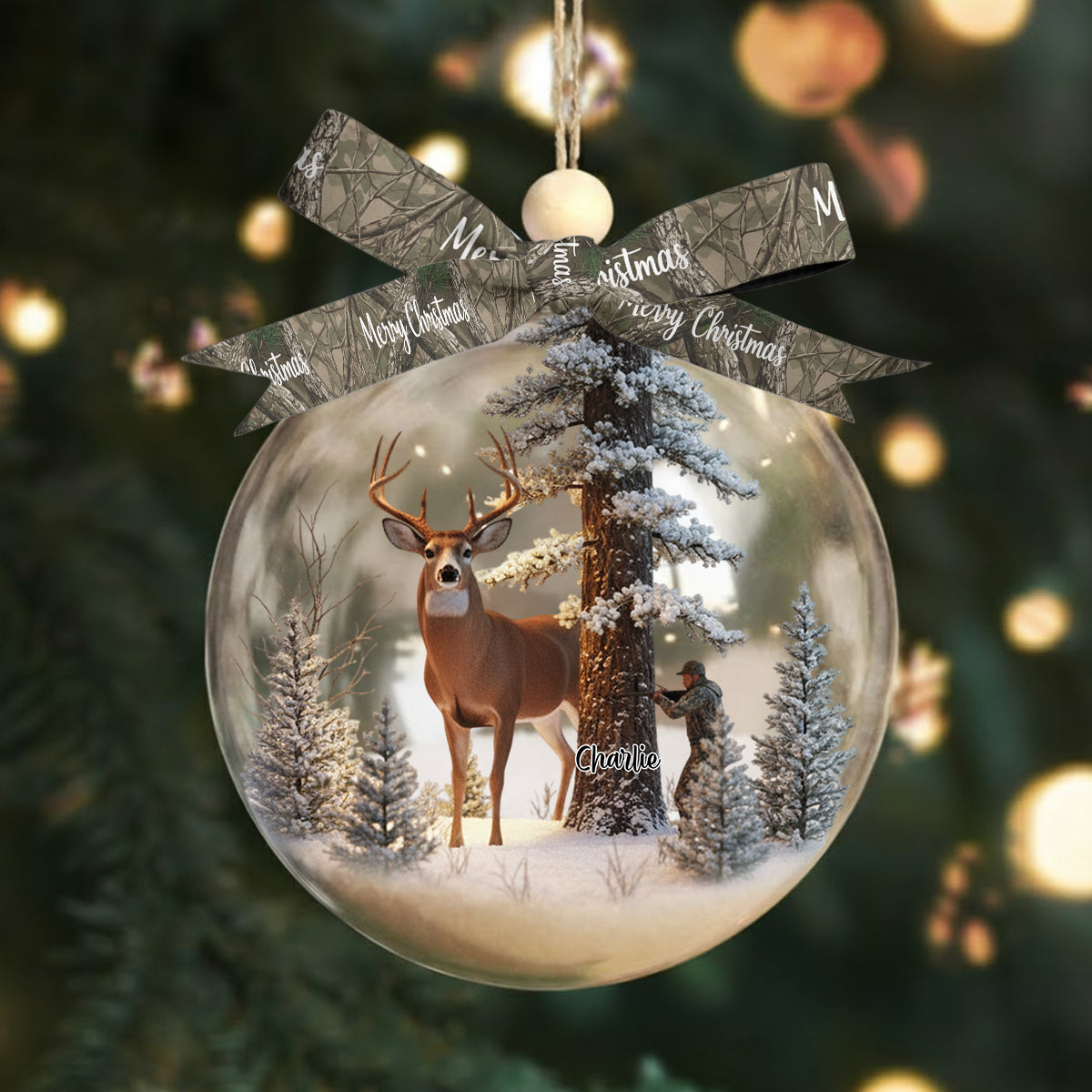 Christmas Gift For Hunters - Personalized Hunting Snow Globe Ornament With Bow