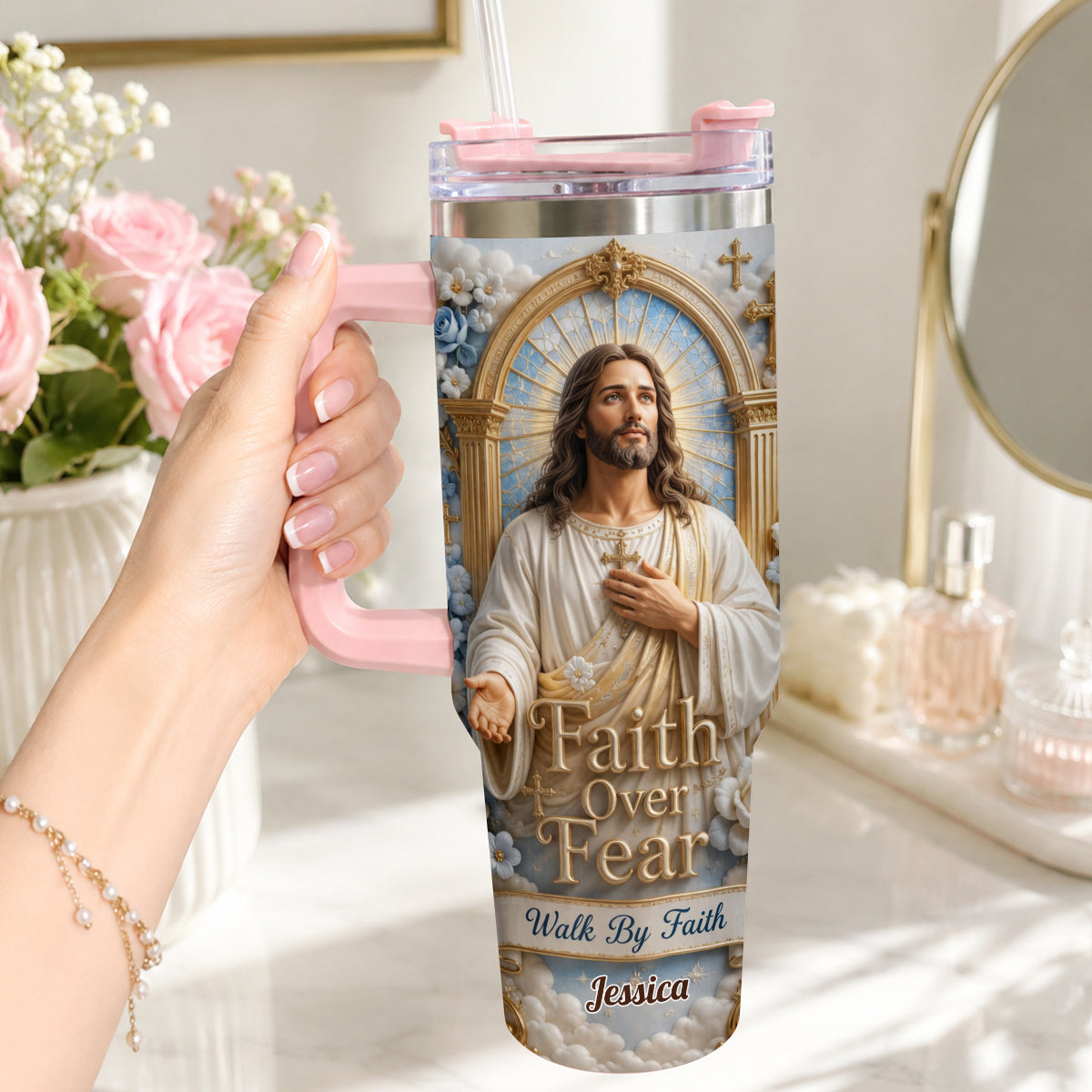Faith Over Fear - Personalized Christian Tumbler With Plush Charm