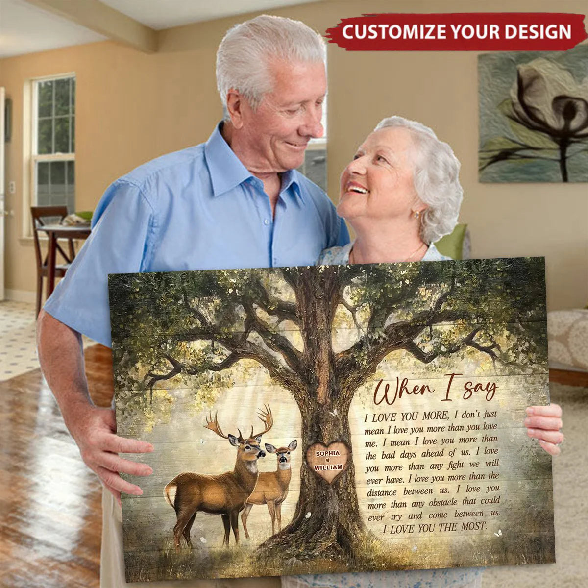 Custom I Love You More Quote Poster with Deer Couple Under Tree, Cozy Neutral Wall Decor, Unique Gift for Couple