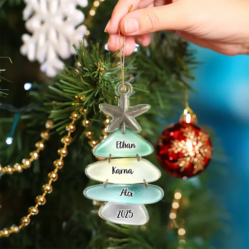 Acrylic Ornament, Personalized Sea-Glass Tree for Christmas Decor, Coastal Aqua Glow, a unique family gift