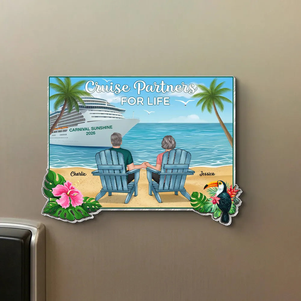 Acrylic Magnet Personalized Cruise Beach Scene - Back View Couple in Adirondack Chairs, Sweet Romantic Gift for Couples