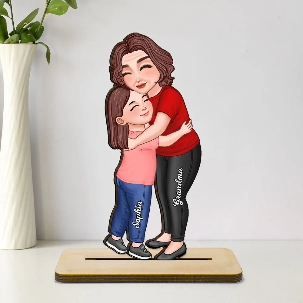 Wooden Plaque Personalized Hugging Grandma & Grandkid Freestanding Decor, Warm Cartoon Style, Unique Gift for Grandma