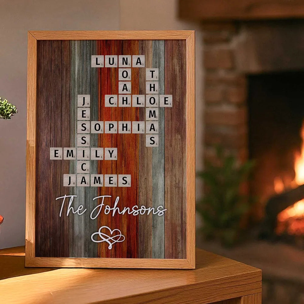 Personalized Family Name Poster Crossword Wall Art – Rustic Colorful Wood Decor, Heartfelt Home Display, Unique Gift for Parents & Loved Ones