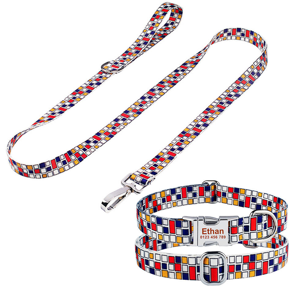 Personalized Text Engraved Dog Collar With Leash Set