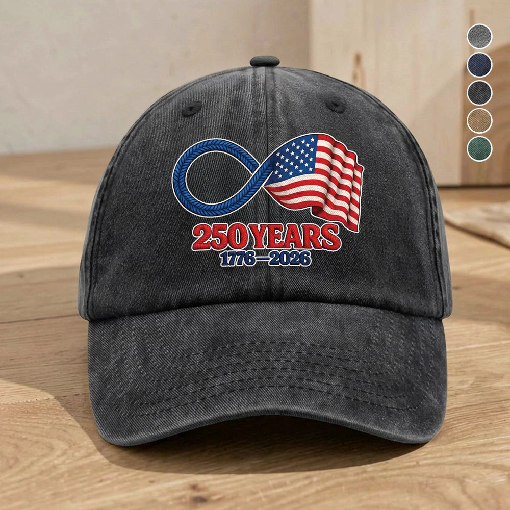Personalized Washed Denim Baseball Cap with 250 Years Infinity Flag Design, Casual Outdoor Wear, Unique Patriotic Gift