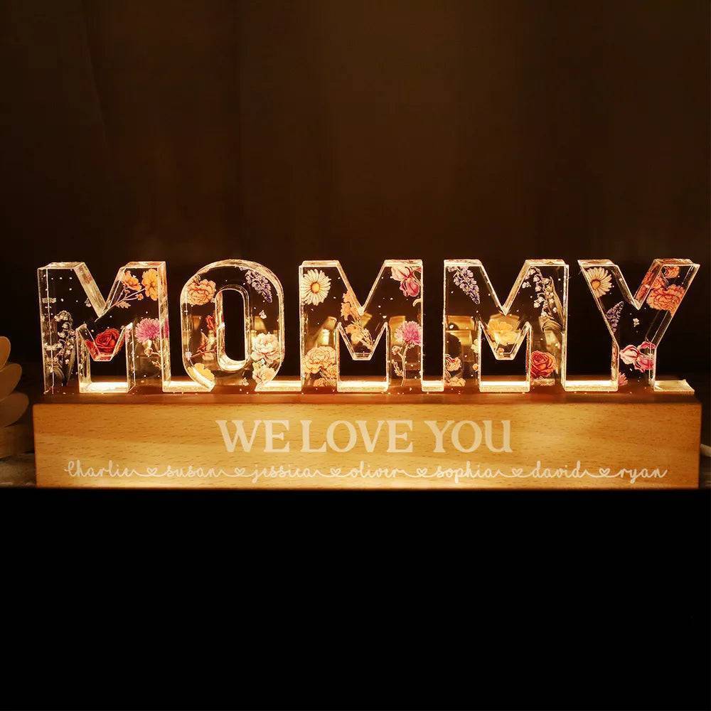 Personalized Block LED Light Plaque with Floral MOMMY Design and Warm Glow for Bedroom or Desk, Unique Gift for Mom