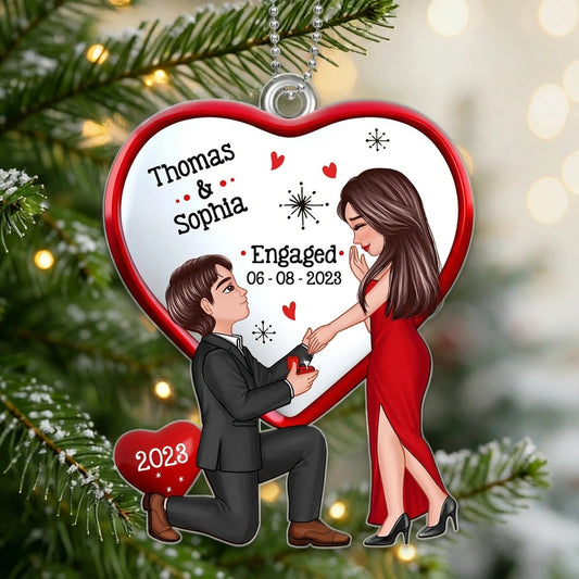 Personalized Engagement Proposal Acrylic Ornament, Kneeling Couple Heart Design, Unique Keepsake Gift for Couples