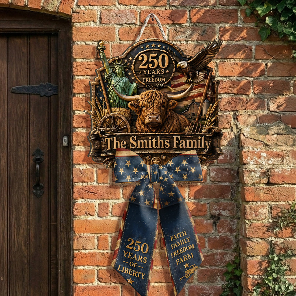 Celebrate 250th Anniversary, Highland Cow Lovers, Farmer Gift - Personalized Highland Cow Shaped Wood Sign With Sash