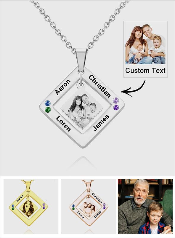 Any Phtos - Personalized Photo Engraved Necklace Square Multi-name
