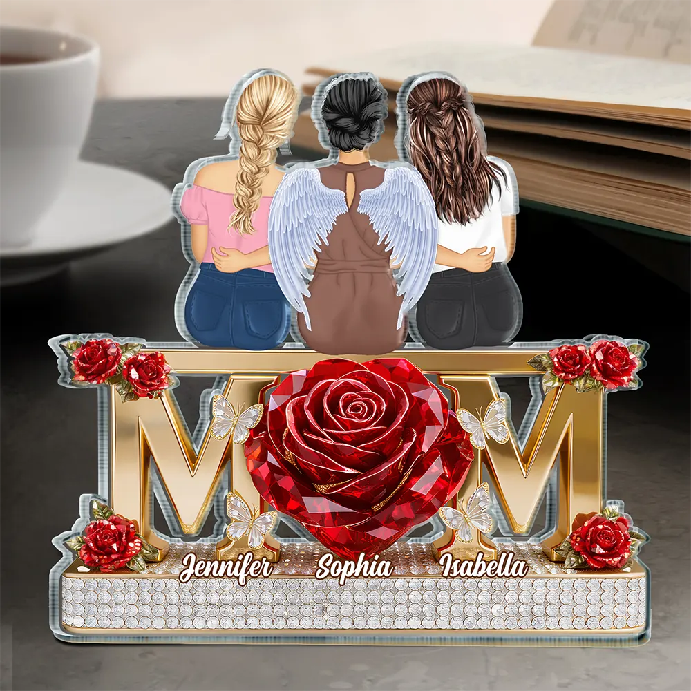 Personalized Shaped Acrylic Block Plaque Mom With Daughters Back-Hug Design, Red Rose Heart Keepsake, Unique Gift for Mom