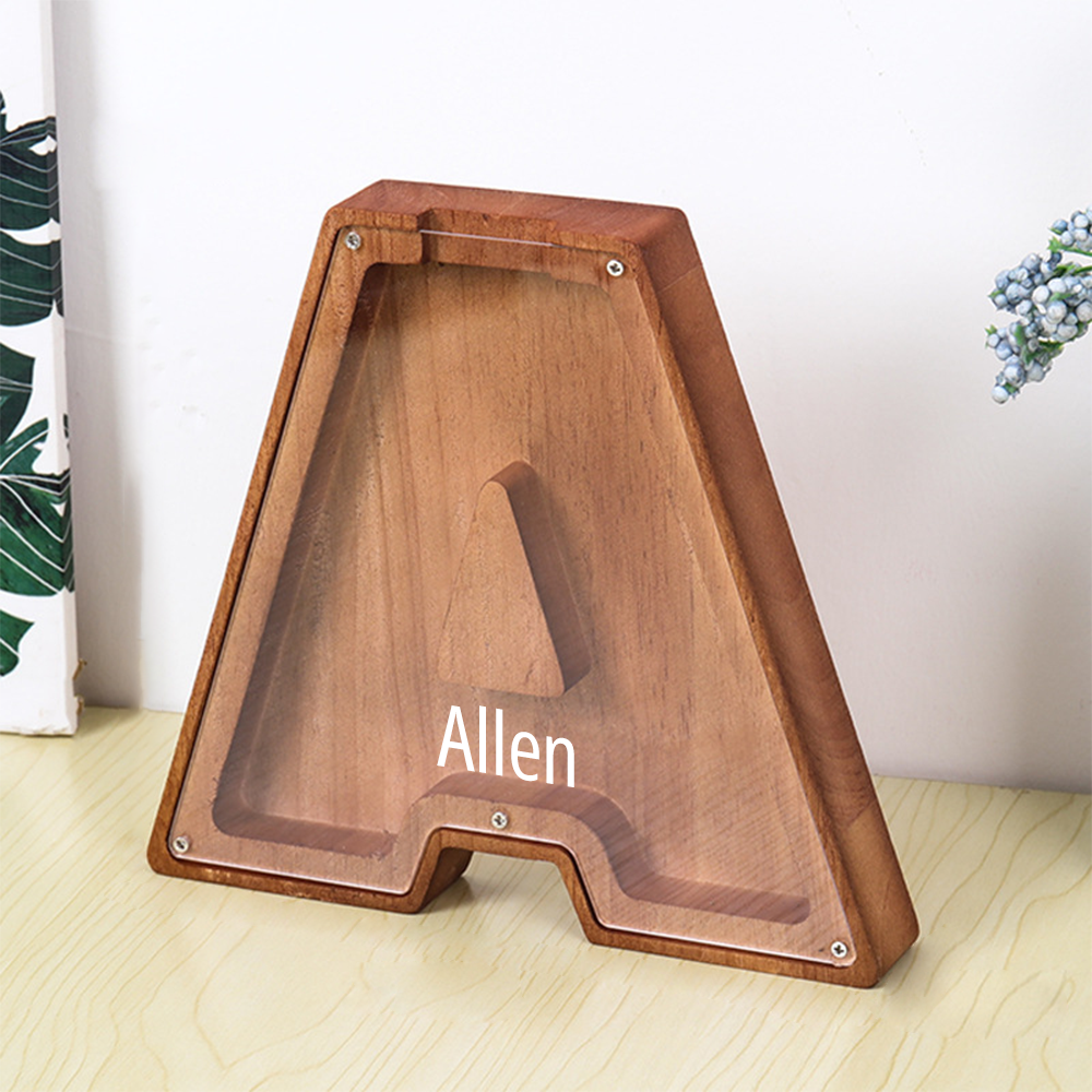 Custom Initial And Name - Personalized Letter And Name Brown Wooden Piggy Bank
