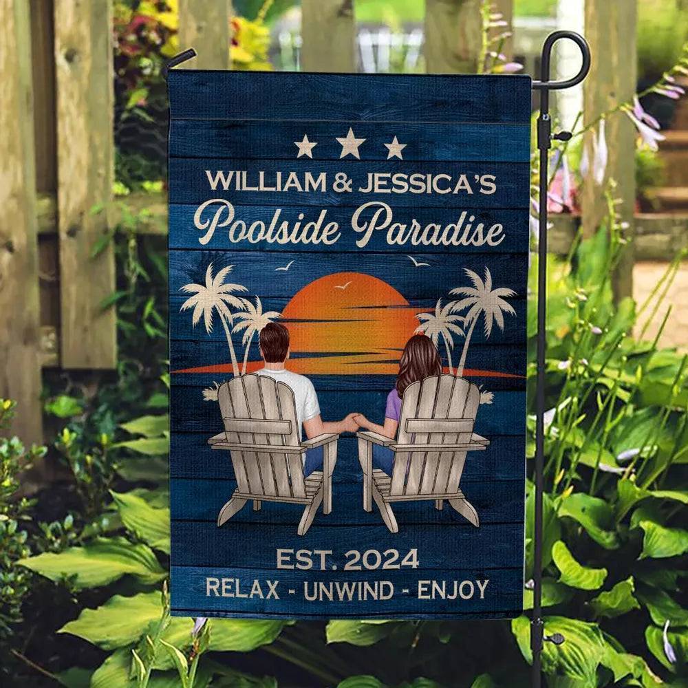 Relaxing Poolside Paradise Decor with Optional Flag Background Couple Sitting Personalized Sign, Flag, Vase - Perfect for Garden, Housewarming, Birthday, Anniversary Gift for Him, Her