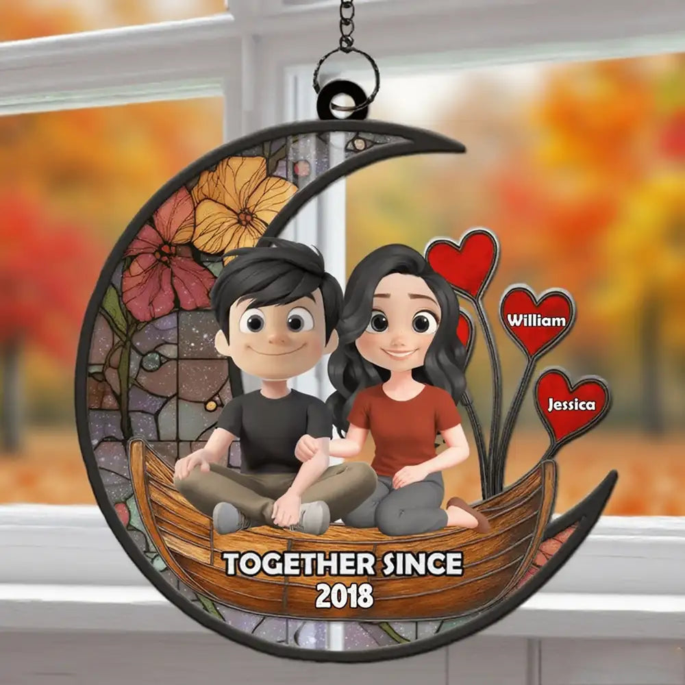 Romantic Moon Couple Wood and Acrylic Layered Ornament - Together Since Anniversary Gift for Lovers