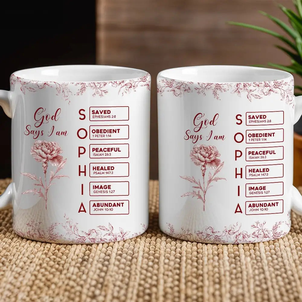White Ceramic Mug with Bible Verses and Blue Floral Design, Faithful and Heartwarming Gift