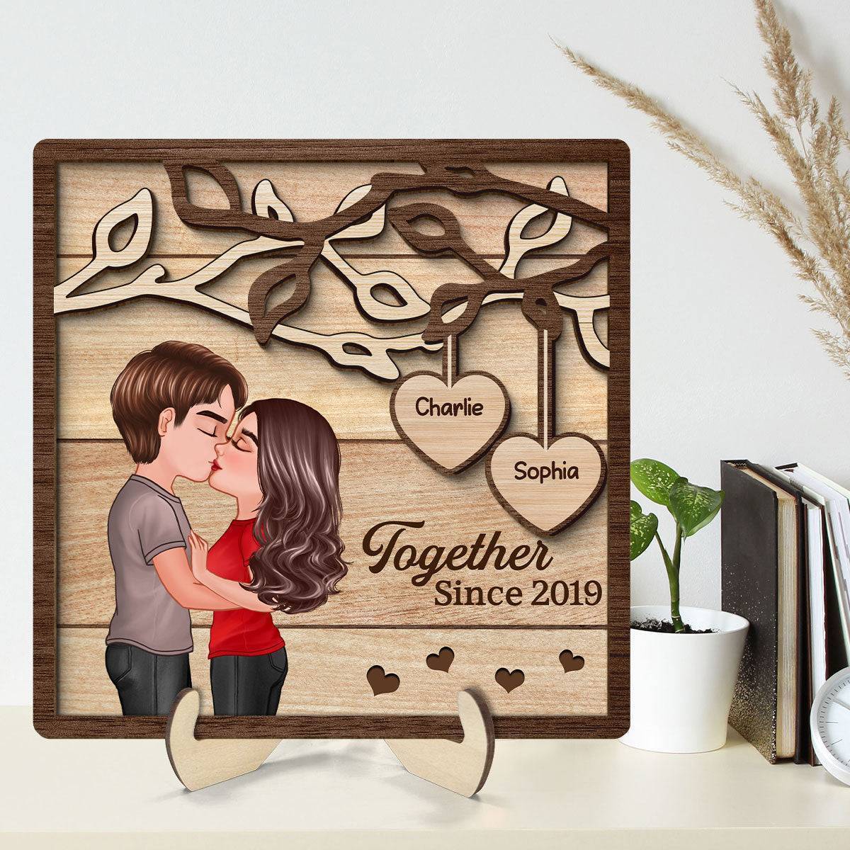 Enchanted Love - Personalized 'Couple Kissing Under Tree' Wooden Plaque - A Perfect Valentine's & Anniversary Gift for Him and Her