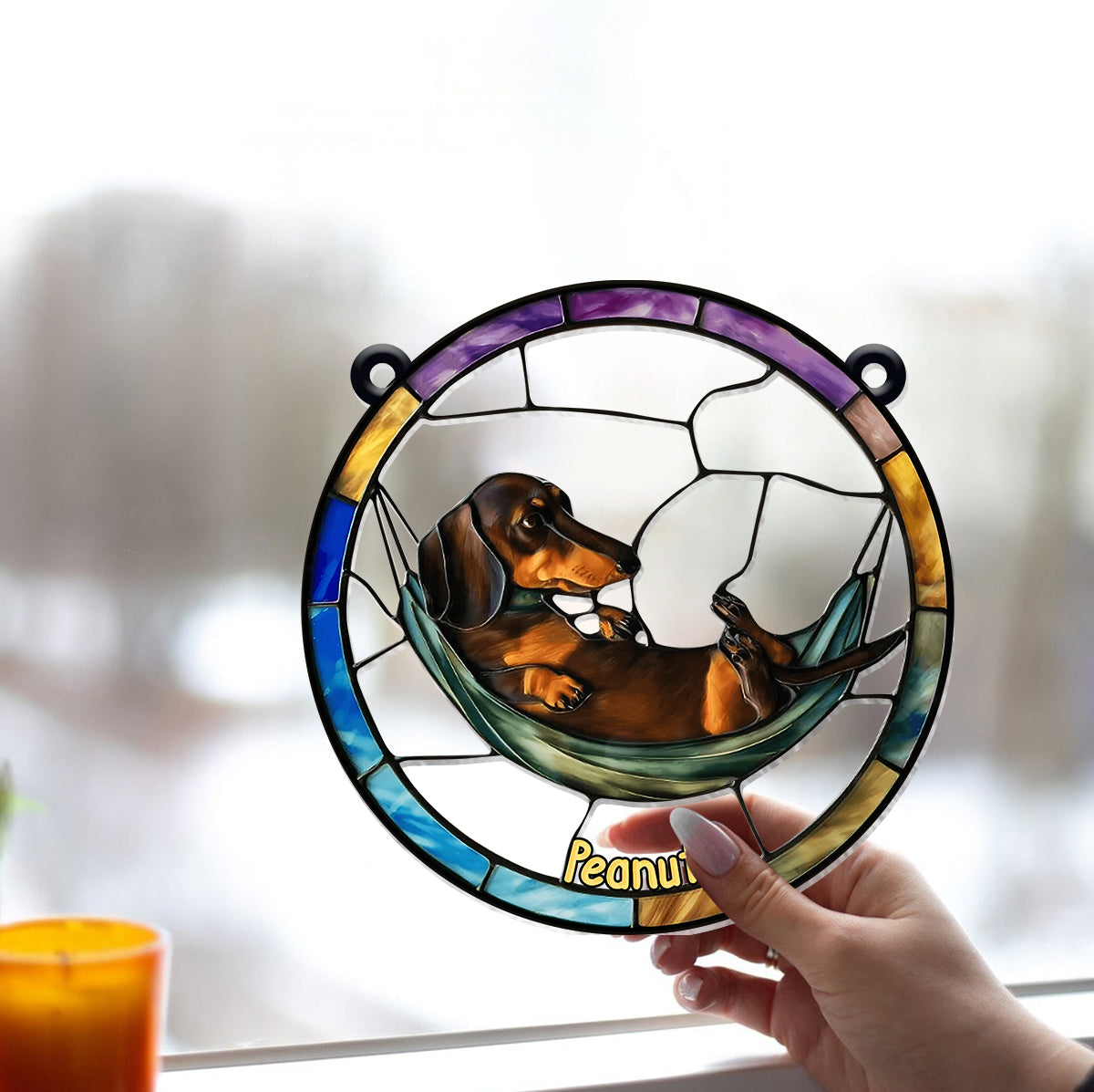 Cute Dachshund - Personalized Dog Window Hanging Suncatcher Ornament