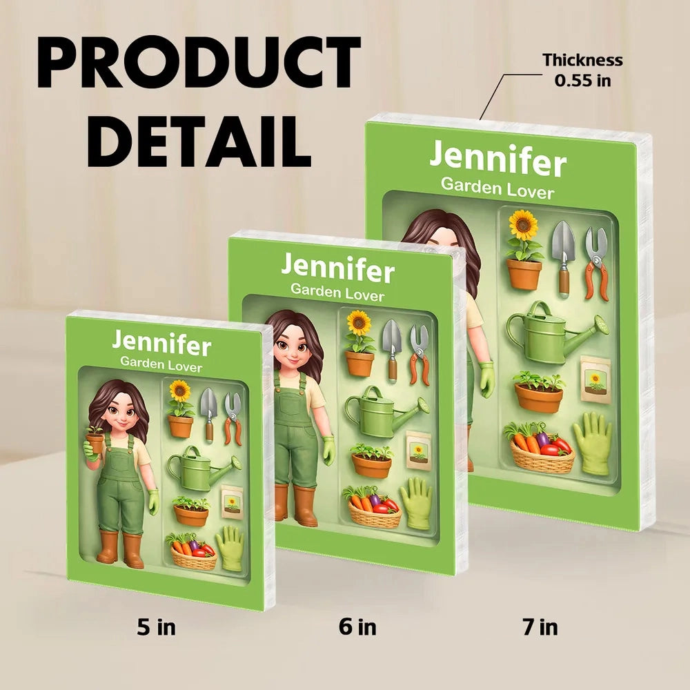 Personalized Rectangle Acrylic Block Plaque Garden Lover Desk Decor, Cute Cartoon Gardener With Tools, Unique Gift