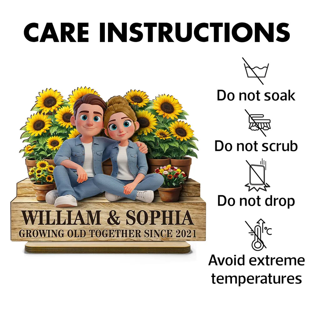 Growing Old Together Since 2-Layer Wooden Plaque with Cozy Couple and Sunflowers Unique Anniversary Gift for Him or Her