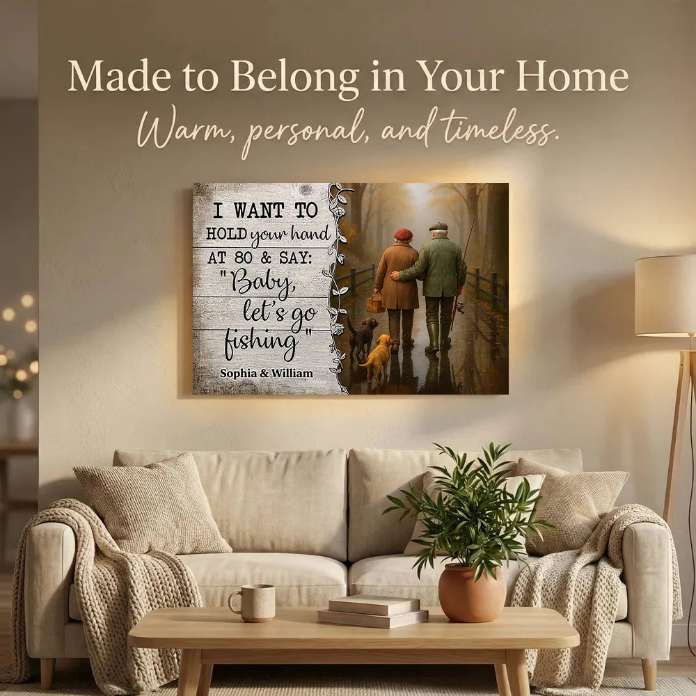 Personalized Couple Fishing Poster with Dogs – Romantic Wall Art for Living Room, Unique Gift for Him or Her