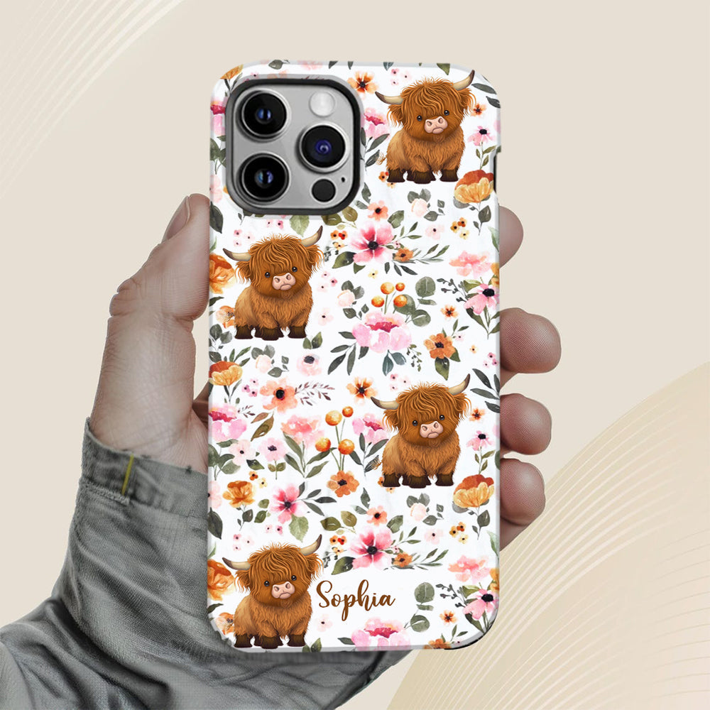 Floral Highland Cow - Personalized Highland Cow Full Print Phone Case