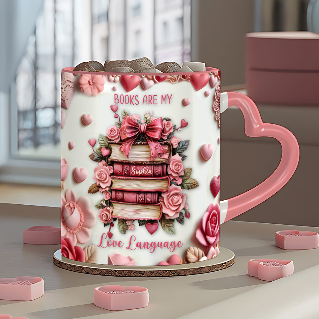 Books Are My Love Language - Personalized Book Heart Handle Mug