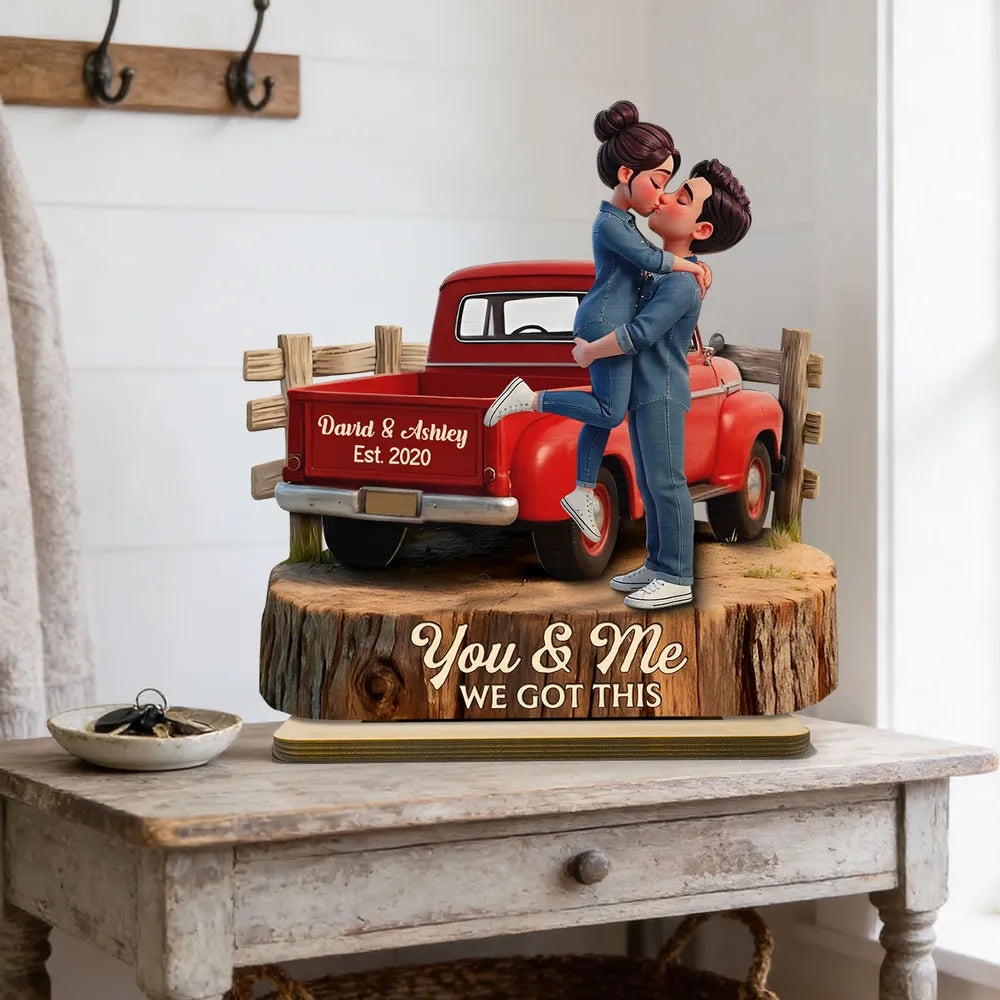 Personalized 2-Layer Wooden Plaque with Kissing Couple in Red Pickup Truck, Farmhouse Decor, Unique Gift for Couples