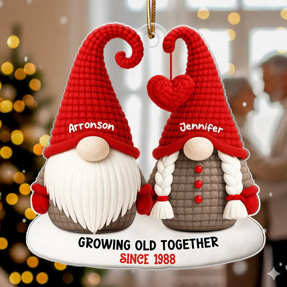 Personalized Acrylic Ornament with Cute Gnome Couple and Heart - Christmas Tree Decor, Unique Gift for Couples