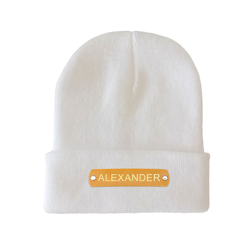 Custom Name Leather Patch Beanie - Personalized Beanie Hat