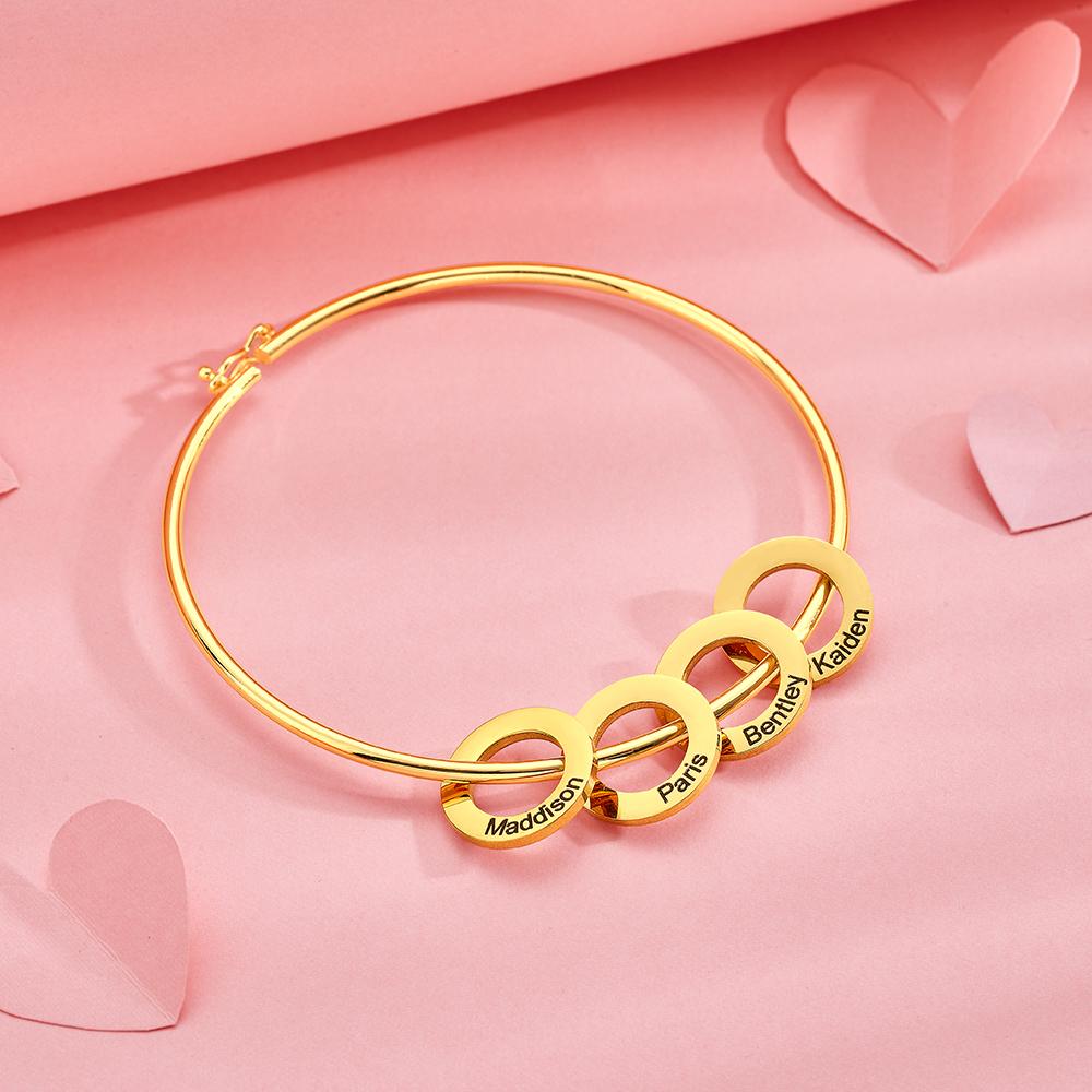 Any Name - Personalized Family Bangle Bracelet with Heart/Round Pendants