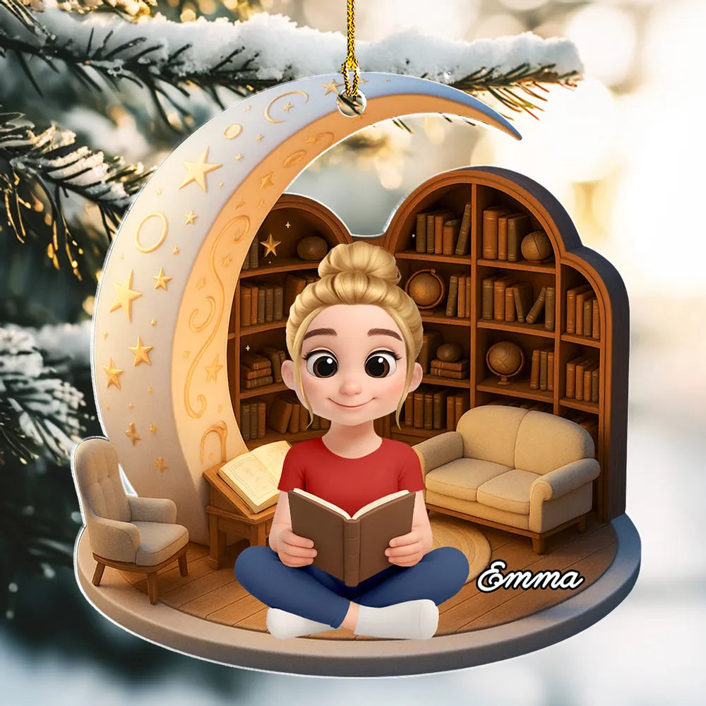 Book Lover Acrylic Ornament – Cozy Moonlight Reading Scene, High-Clarity Collectible Gift for Readers